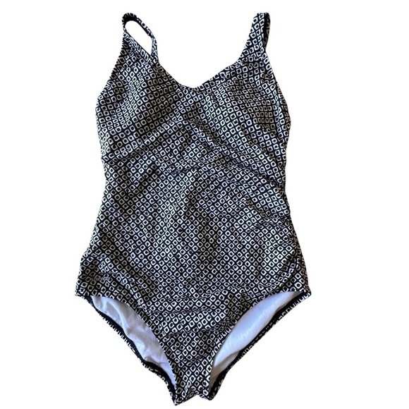 Speedo Swimsuit Womens 14 Black White One Piece Side Ruched Built-in Molded Cups - Picture 1 of 8